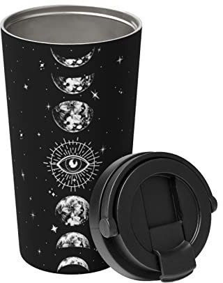 bassyil Goth Moon 17oz Insulated Coffee Mug with Flip Lid Handle Moon Phase Gothic Decor Black Stainless Steel Insulated Travel Witch Tumbler Cup Spill Proof Halloween Spooky Gifts for Women