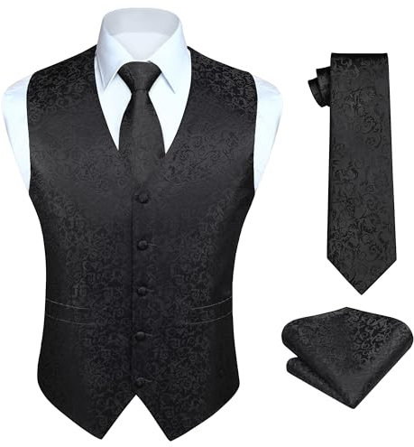 HISDERN Paisley Anzugweste für Herren Schwarz Hochzeit Weste Krawatte Einstecktuch Taschentuch Jacquard Floral Weste Herren Anzug Set M