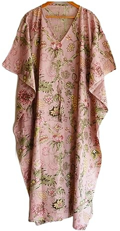 INDACORIFY Robe Kaftan en Coton imprimé Bloc, Couture pour Femmes imprimées Florales, Costume Long Kaftan Indien Fait à la Main, Belle Robe de Plage