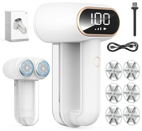 PKBD Levapelucchi Elettrico Doppia Lama con 6 Lame Extra Gratuite, Stoccaggio degli Scarti di Grande Capacità, Togli Pelucchi Elettrico Rimozione Rapida ed Efficace dei Pelucchi, Bianco