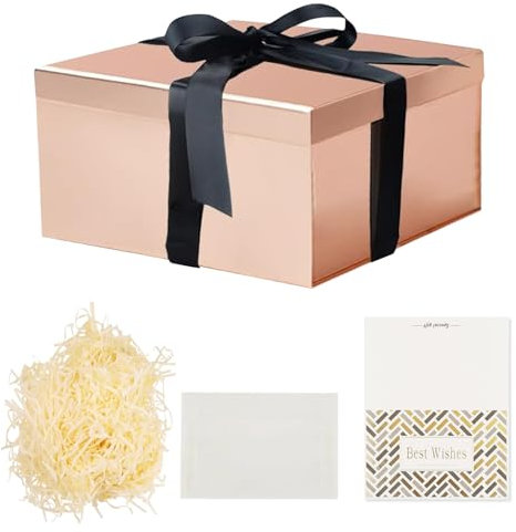 Roségold Geschenkbox mit Deckel, Geschenkbox mit Schleife, Geschenkbox mit Deckel 20 x 20 x 10 cm Geschenkkarton, Geschenkbox Set, Faltbare Geschenkbox, mit Grußkarten, mit Raffia Hamper