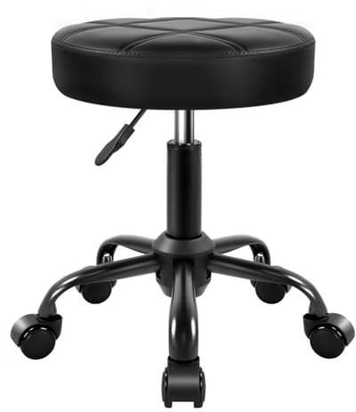 KKTONER Tabouret Roulant en Cuir PU – Hauteur Réglable 50-65 cm, Siège Rond avec roulettes, Chaise de Salon Spa Massage Tatouage Cuisine Bureau Noir