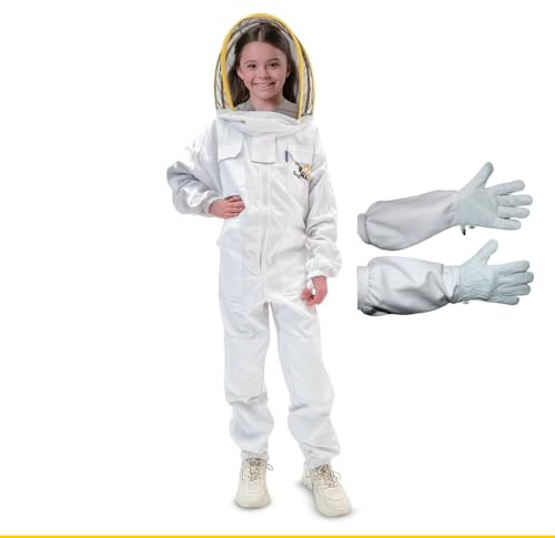 Best Bee Tuta da apicoltore per bambini (160 cm) in tessuto spesso e cotone di alta qualità, con cerniera robusta, guanti in pelle, tasche per abbigliamento anti-api, abbigliamento per apicoltura XS