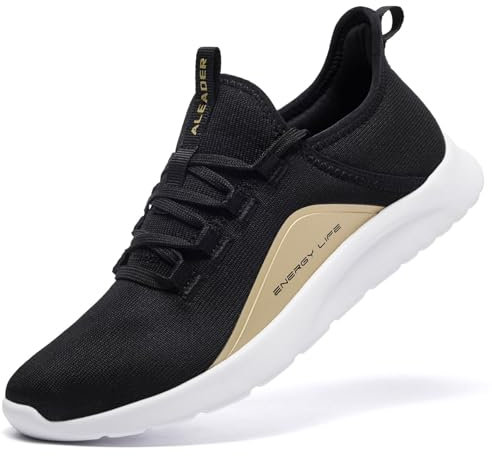 ALEADER Sneaker Damen Laufschuhe - Atmungsaktive Sportschuhe für Jogging, Workout, Freizeit drinnen Turnschuhe, barfussähnliche Schuhe für Damen Schwarzes Gold 40.5 EU