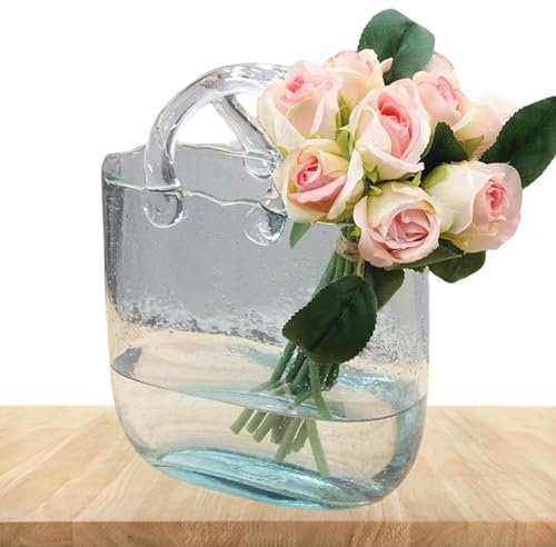 Vaso per fiori in vetro, vaso in vetro, per composizione di fiori, vaso per pesci, elegante vaso per fiori a forma di borsa, vaso di vetro per composizioni floreali per la casa (vetro) (28 x 19 cm)