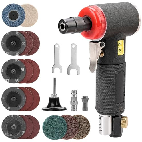 NuoDunco - Amoladora angular neumática kit - Amoladora de aire comprimido incluye mini amoladora angular neumática con 17 unidades de 2 pulgadas diferentes discos abrasivos, 2 portabrocas de 3 mm y 6