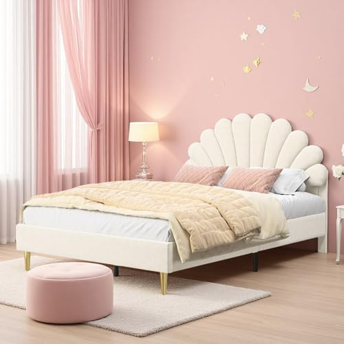 Letto bambina imbottito 140x200 cm, letto matrimoniale bambina, lettos per adolescenti, lettoss a piattaforma, lettos 140 x 200 cm con testiera a forma di fiore, tessuto di velluto (Beige, 140x200cm)