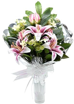 PLUS HOME Flores Artificiales: Elegancia Duradera: Ramo Artificiales para Cementerio, Nichos y Sepulturas,Más de 30 Diseños tamaño aproximado 58x45cm,Botes con Liliums Artificiales.