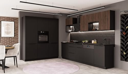 Küche Siena + Monza LOFT 280 + 180 cm Küchenzeile Küchenblock Einbauküche Nussbaum Okapi + Schwarz matt