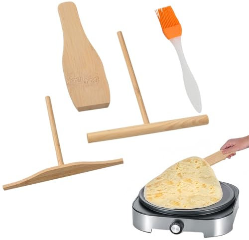4 pezzi Crepes Distributore in legno di Faggio, Stendi Crepes, Spatola, Distributore di Crepes,Con Pennello per olio,Accessori per Spalmare Crêpe a Forma di T,Stendi Crepes,Spatola Crepes