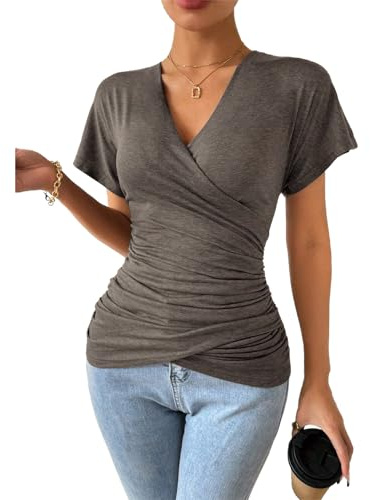 YNIQUE Camisetas Sexy Escote en V para Mujer, Blusa Manga Corta Verano, Elegante Casual Básico Top, Camiseta Moda de Color Sólido
