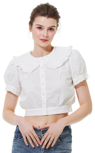 BEAUTELICATE Women's Summer Crop Blouse 100% Cotton Cool Peter Pan Collar Cute Top Short Puff Sleeves Button Down Shirt Off White, S