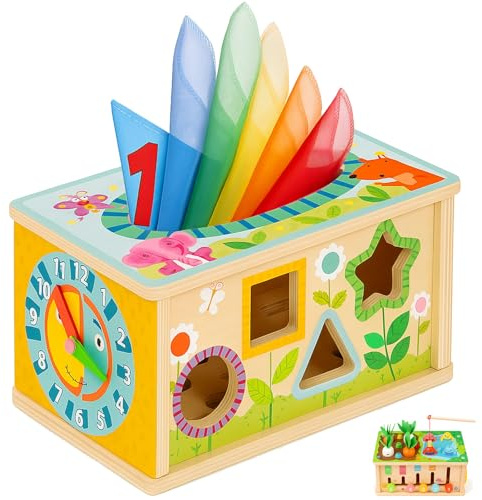 6-in-1 Montessori Baby Tissue Box Toy, Wooden Activity Cube for 6+ Months, Color & Shape Sorter Puzzles Sensory Toys for 12-18 Months. Baby Early Education Fine Motor Skills Gift for Toddlers 1-3