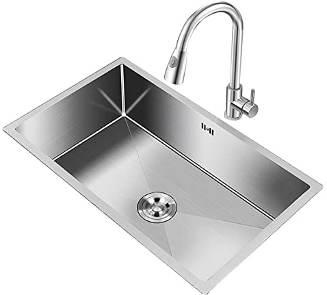 ERoomQ Silver Single Sink Kitchen Bar Sink Balcony Stainless Steel Laundry Sink Washbasin with Faucet Undercounter Recessed Sink with Accessories,Silver-76 * 43 * 21.5(Sier 76 * 43 * 21.5Cm)