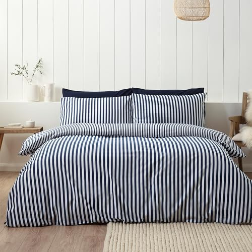 Catherine Lansfield Parure de lit Simple réversible en Coton brossé à Rayures avec taie d'oreiller Bleu Marine