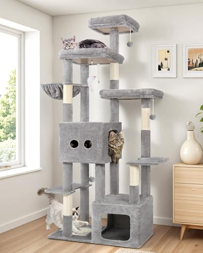 Globlazer Árbol Rascador XXL para Gatos Grandes 203 cm con 2 Nidos Grande 45*40*35cm, 3 Plataforma Amplio, Tablero Sisal, Cesta, Enorme Arbol Rascador para Gatos Adultos Interior (F80E, Gris Claro)