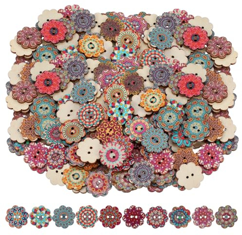 Lnngub 100 Pcs Multicolor Vintage Wooden Buttons,Mixed Pattern Flower Shaped Wooden Button 2 Holes Decorative Buttons for Crafts Clothes DIY Sewing,20mm