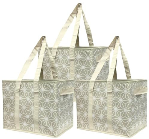 DURASACK Grocery Tote Bag 3-Pack All-Purpose Collapsible Tote Bags with Handles Kitchen Reusable Grocery Bags, Gray Geometric
