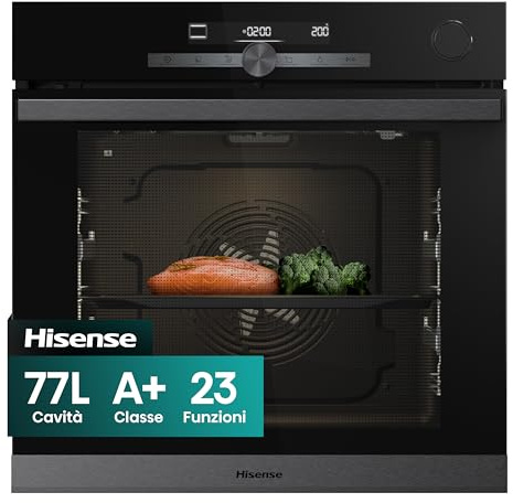 Hisense, BSA634APG, Forno da incasso, Display digitale, 77l, 23 funzioni, autocooking, vapore, soft closing, guide telescopiche, pirolisi, riscaldamento rapido, controllo temperatura, nero