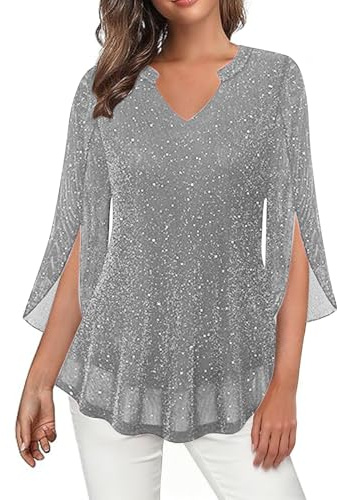 KUIH Sparkly Tops for Women Ruffle 3/4 Sleeve Tunic Tops Loose Flowy Chiffon Ladies Glitter Blouses V Neck Pleated Tunic Blouse Loose Elegant Ladies Top Flowy Double Layered Mesh Shirts Silver