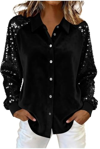 Haut à paillettes pour femme – Manches longues à paillettes scintillantes boutonnées pour fête, club, tunique, t-shirt pour femme, chemise fine et élégante pour sortir, Noël, cocktail, mariage