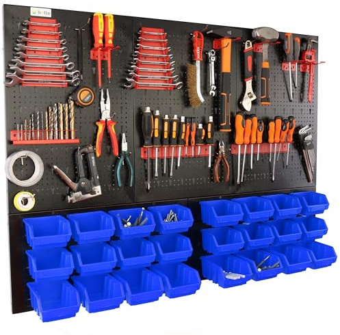 botle Panneau à outils mural perforé en métal, boîtes empilables + étagère murale + porte-outils, lot de 51 pièces, pour petites pièces, atelier mural avec 24 récipients empilables bleus 2 tailles