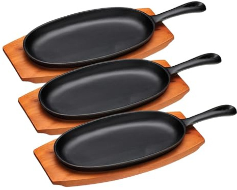 KitchenCraft World Of Flavours Sartén Teppanyaki de Hierro Fundido con Soporte de Madera 34.5 x 13 x 2.5 cm y 28 x 14.5 x 1.5 cm (Paquete de 3)