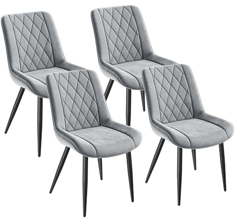 INRE Lot de 4 Chaises Salle à Manger en Velours, Chaise de Cuisine Rembourrée avec Dossier Ergonomique, Pieds en Métal, Patins Réglables, pour Salon Bureau Chambre, Gris Clair