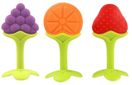 Baby bitleksak, mjuk silikon, fruktform, druva, jordgubbe, orange, bitringar, tand, smärtlindring, tandkött, tuggleksak för småbarn och småbarn, flerfärgad, 3 stycken