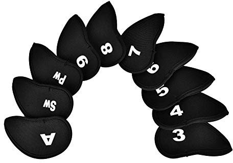 Asixx Golf Club Headcover, 10 Stücke Golf Headcovers Durable Neopren Golf Iron Club Queue Kopf schützen Abdeckung mit Zahlen Buchstaben (10 Stücke)(Schwarz)