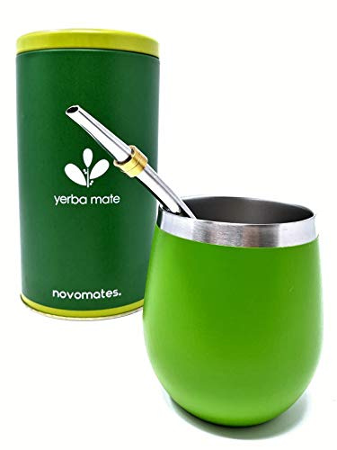 Novomates Yerba Mate Kit - Double Wall Stainless Steel Mate Cup, Bombilla Straw & Yerba Container - 8oz (237ml) Green