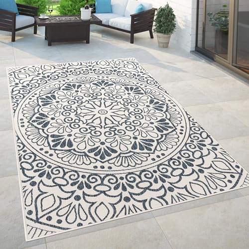Paco Home In- & Outdoor Teppich Balkon Terrasse Vintage Orientalisches Muster Ornamente, Grösse:120x170 cm, Farbe:Blau 2