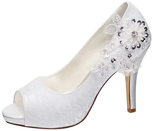 Emily Bridal Zapatos de Boda Zapatos de Boda de Encaje Zapatos de Novia de tacón Alto con Punta Abierta de Encaje (EU37, Blanco)