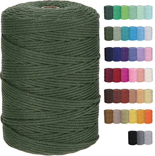 GOHOF Cotton Macrame Cord 3mm 328yards Natural Colored Macrame Supplies, Soft Craft Cotton Rope for Plant Hanger Wall Hanger Dreamcatcher (Olive Green)