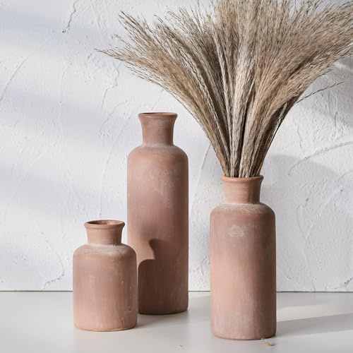 SIDUCAL Juego de 3 jarrones rústicos de cerámica de Terracota blanqueada, jarrón de cerámica, jarrones Decorativos de Arcilla para decoración del hogar, Sala de Estar, Estante, decoración de Mantel