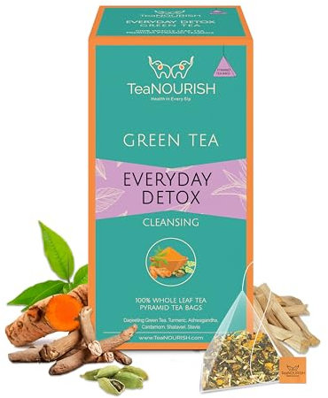 TeaNOURISH Everyday Detox Grünteebeutel | 20 Pyramiden-Teebeutel | Darjeeling Ganzblatttee | 100% natürliches Kurkuma, Ashwagandha, Kardamom, Shatavari, Stevia