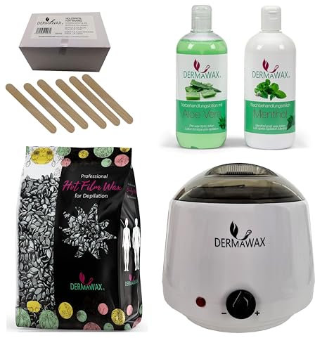 Dermawax Profi Waxing Set zur Haarentfernung 1000 ml Wachswärmer Made in Spanien 1 kg Black Wachsperlen 500 ml Aloe Vera Vorbehandlungslotion 500 ml Menthol Nachbehandlungsmilch 200 Stück Holzspatel