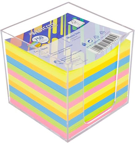Westcott Notizzettel bunt 750 Blatt in Zettelbox | Notizblock mit 9 x 9 cm großen Blättern in 5 Neon Farben | Stabile Box aus transparentem Kunststoff | FSC-zertifiziertes Papier 75g/m² | E-1733212 00