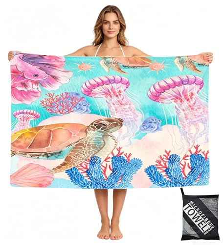 yayafunfun Large Quick Dry Microfibre Beach Towels for Adults, 160X90cm Pink Turtle Bath Towel Travel Towels with Pocket, Lightweight Beach Towel for Women Men Sun Lounger Travel Swim Holiday Sports