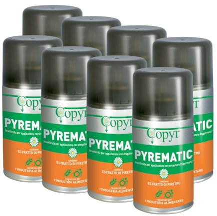 Insetticida al Piretro pronto all'uso,antizanzara,mosche e insetti volanti,per uso domestico e civile per alberghi,ospedali,ristoranti.Per industria alimentare.Bomboletta da 250ml X 8pezzi