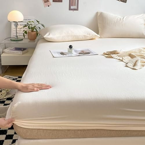 Grewod Spannbetttuch Topper 180x200cm Spannbettlaken Höhe 25 cm, Bambus Bettlaken Beige Einfarbig Spannleintuch