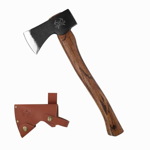 THRWCLUB 15.7 Hand Forged Axe, Camping Hatchet with 1065 Carbon Steel & Wooden Handle, Bushcraft Hatchet with Leather Sheath and Axe Sharpener, Survival Ax for Outdoor Adventures and Gardening