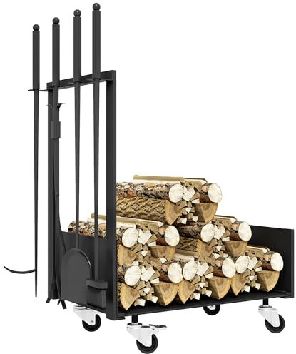 Outsunny Range-bûches, porte-bûches, avec roues balai pelle pince tisonnier, chariot à bois de chauffage, pour intérieur, charge max. 60 kg, 48 x 30 x 76 cm, métal, noir