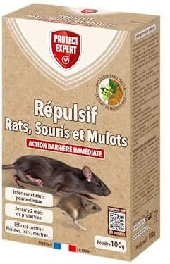 PROTECT EXPERT Répulsif Rats & Souris - 100g - Action Barrière - Intérieur & Abords De La Maison - Traitement Préventif Durable RASOUREP100