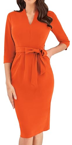 Grace Karin Robe de cocktail pour femme avec manches 3/4 élégante pour mariage, robe cintrée avec ceinture et poches pour invitée de mariage, Orange, S