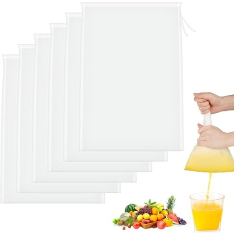 JRYXDS Lot De 6 Sacs À Lait De Noix Réutilisables 20 × 30 Cm Tissu Filtrant En Nylon Avec Cordon De Serrage Cheese Cloth Pour Fromage,Jus De Fruits,Café,Jus Delégumes,Etamine Alimentaire
