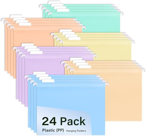 WORPSON 24 Pcs, A4 Suspension Files, Multi-Color Plastic Hanging File Folders for Filing Cabinets, with Tabs & Card Inserts, Ideal for Office, School, and Home Organization (24 Pcs, Multi-Color)
