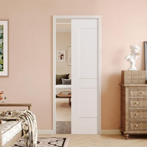 BARNSMITH 30in x 80in Sliding Pocket Door, Track Hardware and Frame Kits with 2-Panel White Paintable Door Slab Included, Soft Close Mechanism, Durable and Smooth