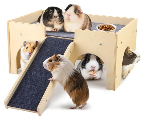 Wooden Guinea Pig House,4 Entrances Small Animal Bed Hut Habitats with Stairs,Guinea Pig Hideout Wood Hamster Cage Cave, Small Castle House Toys for Rat Hamster Hedgehog