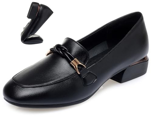 Schicke und bequeme Damen-Slipper aus Leder, einfarbig, elegant, klobiger Absatz, Büroschuhe, quadratische Zehenpartie, Penny-Loafers, niedriger Absatz, Anzugschuhe, Schwarz , 40 EU